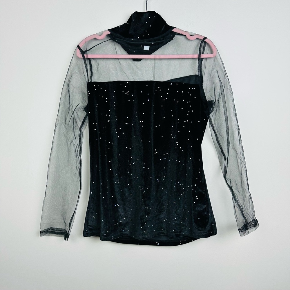Black Sheer Long Sleeves Top With Glitter Size Medium